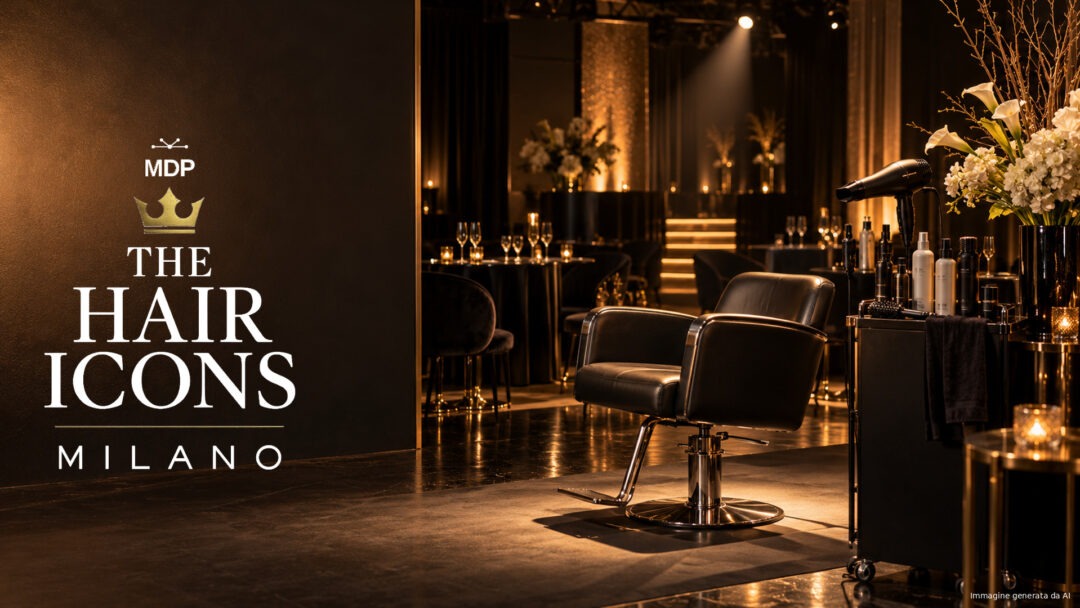 Logo THE HAIR ICONS Milano su allestimento elegante prima dell'evento