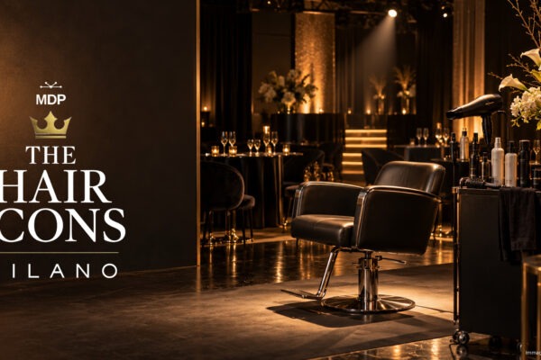 Logo THE HAIR ICONS Milano su allestimento elegante prima dell'evento