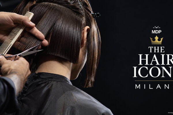 Logo THE HAIR ICONS Milano e dettaglio di un taglio geometrico sul palco