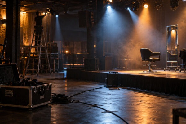 Palco con luci accese e postazione styling durante l'allestimento di THE HAIR ICONS Milano