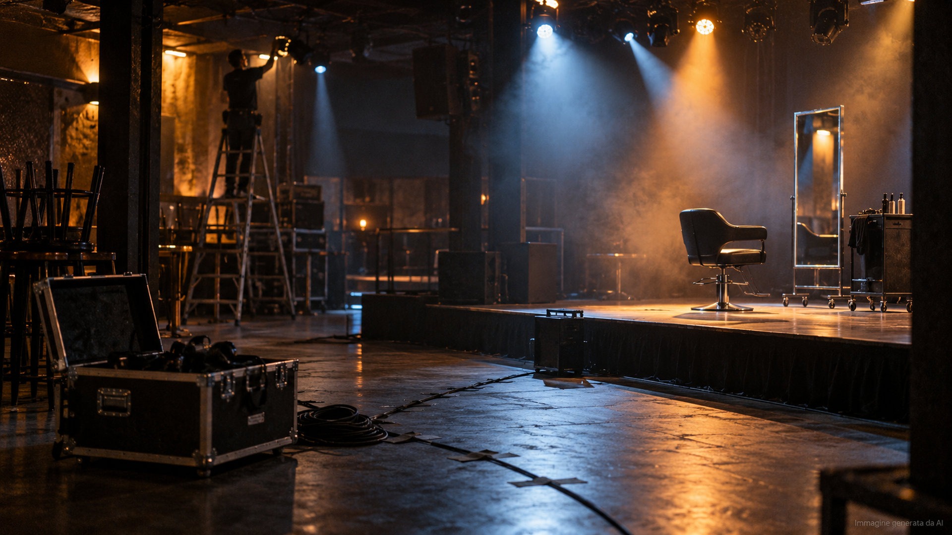 Palco con luci accese e postazione styling durante l'allestimento di THE HAIR ICONS Milano