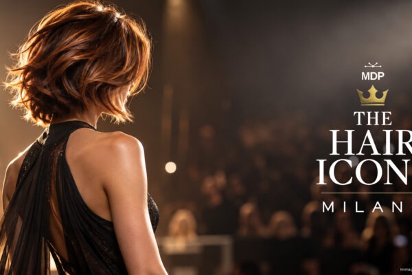 Logo THE HAIR ICONS Milano e modella con taglio d'autore sul palco