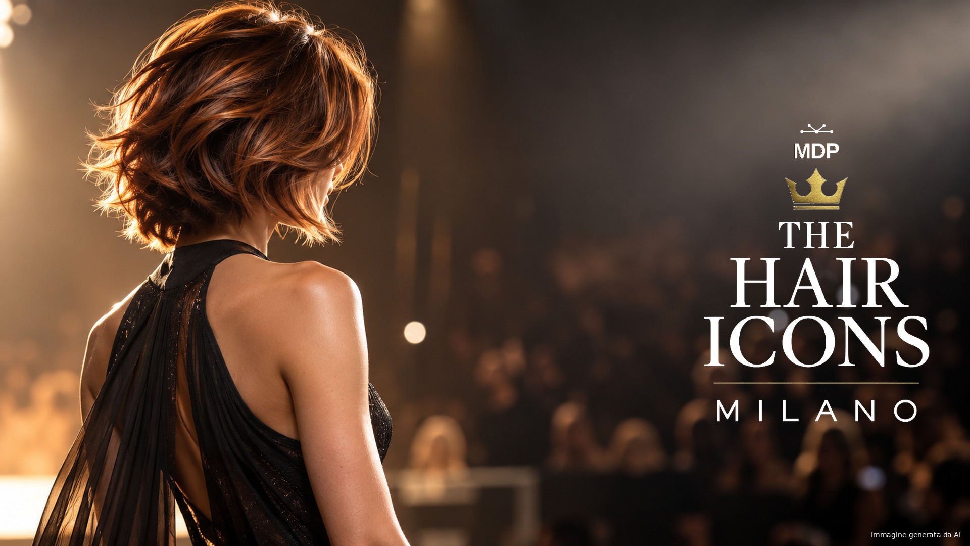 Logo THE HAIR ICONS Milano e modella con taglio d'autore sul palco