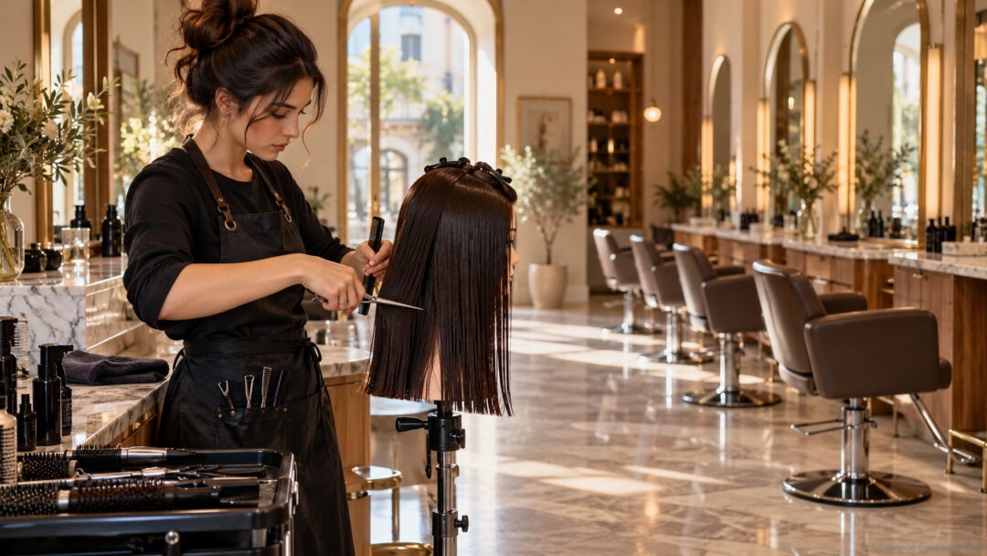 Young apprentice hairdresser training on a mannequin head in an Italian salon