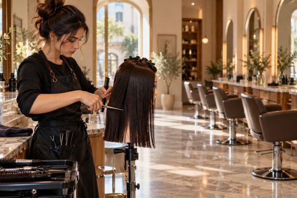 Young apprentice hairdresser training on a mannequin head in an Italian salon