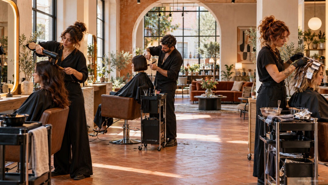 An Italian hair salon where several independent stylists work at their own stations