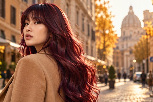 Capelli rosso vino Mulled Wine con onde morbide e lucide in autunno
