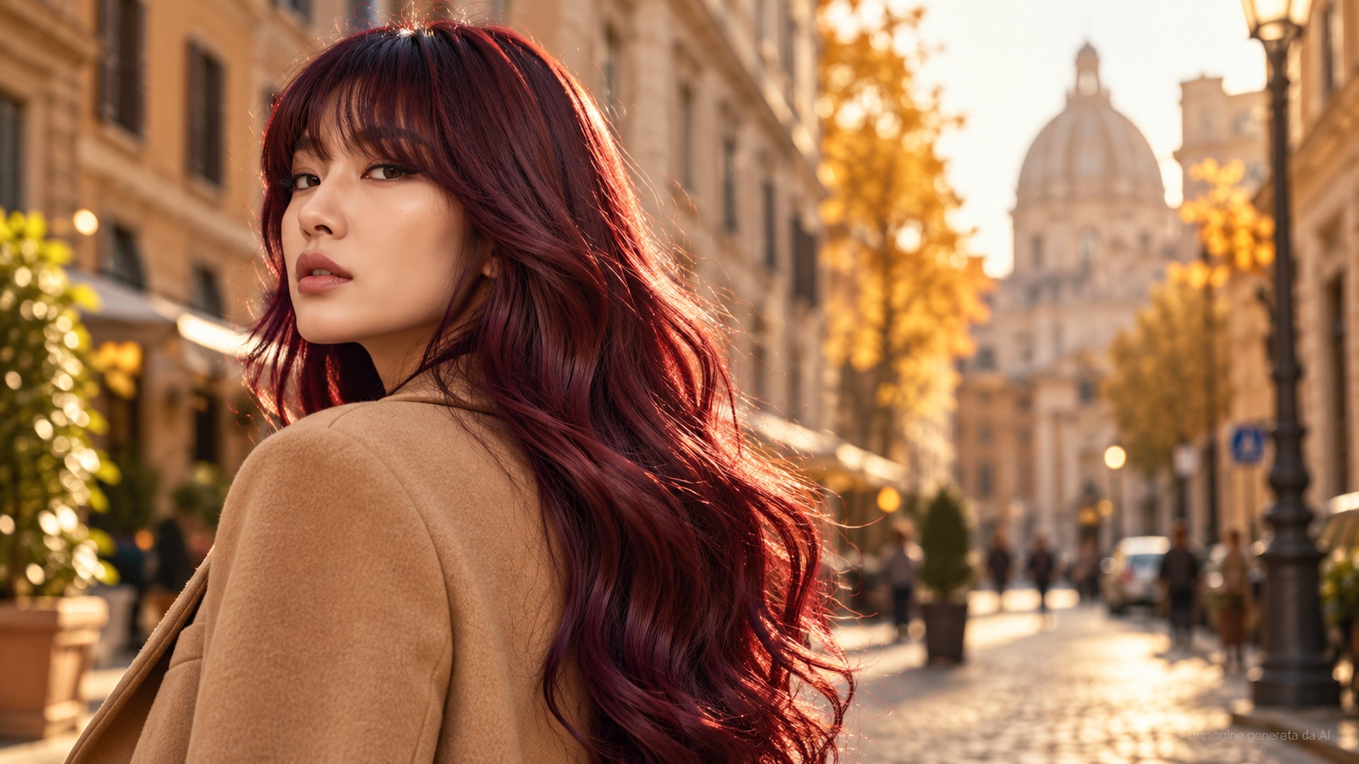 Capelli rosso vino Mulled Wine con onde morbide e lucide in autunno