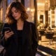 Una donna cerca un parrucchiere vicino a lei con lo smartphone davanti alla vetrina illuminata di un salone