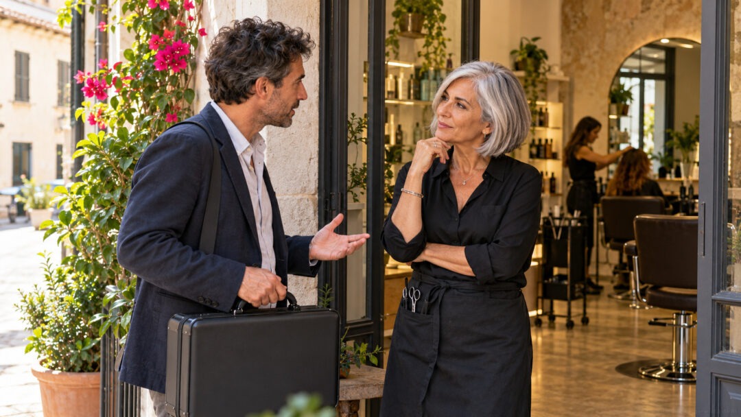 International hair educator begins a conversation with an Italian salon owner at her salon.