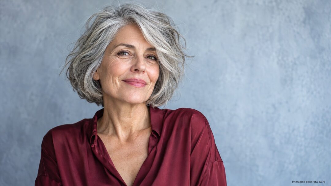 Ritratto editoriale di una donna con bob argento naturale, texture e ciocche visibili