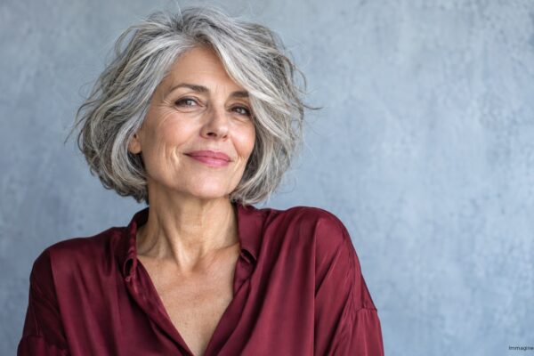 Ritratto editoriale di una donna con bob argento naturale, texture e ciocche visibili