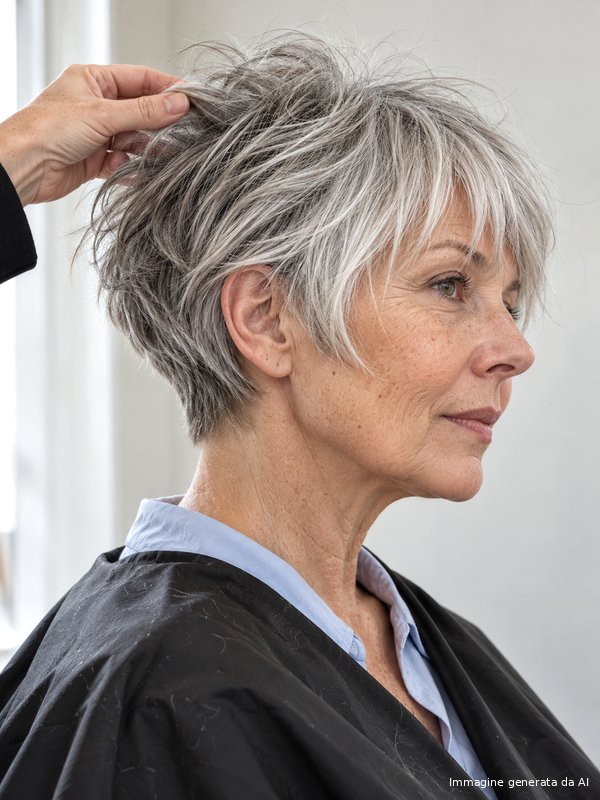 Pixie argento con frangia irregolare e texture naturale, mostrato di profilo