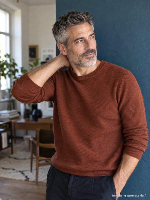 Ritratto di uomo con capelli sale e pepe e taglio corto naturale
