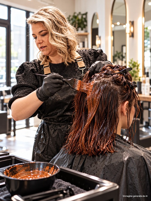 Colourist applying a copper gloss in an Italian salon