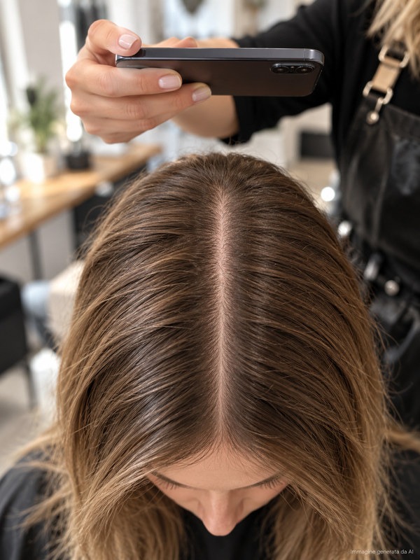 Foto della riga dei capelli scattata in salone per il confronto tra una visita e l'altra