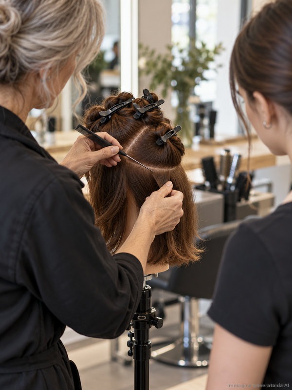 Tutor di salone mostra a un'apprendista come sezionare i capelli su una testa studio