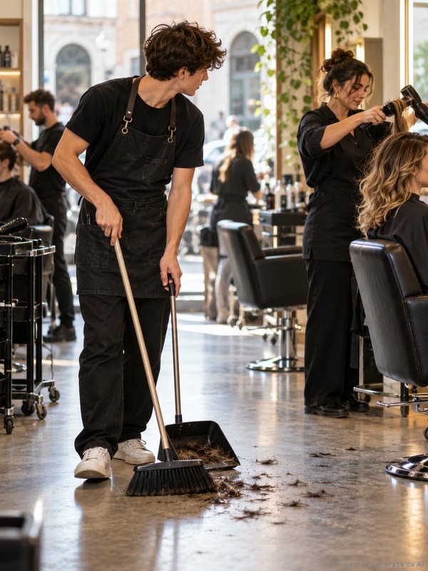Apprentice hairdresser sweeping the salon floor between appointments