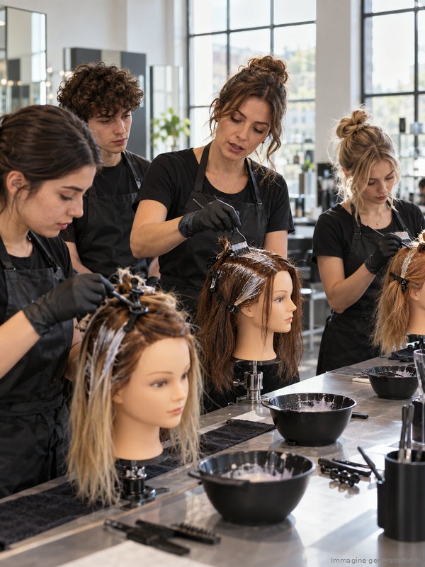 Brand education session for junior stylists in an Italian training academy