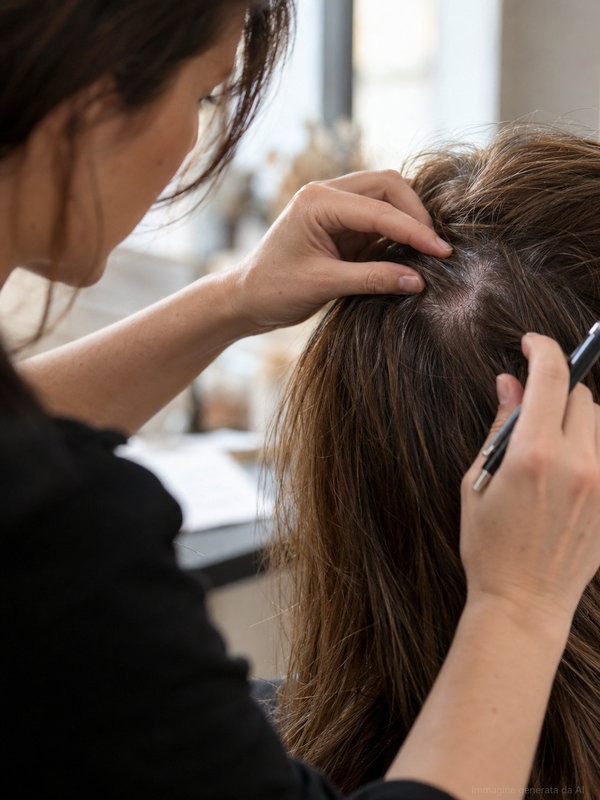 Parrucchiera osserva il cuoio capelluto della cliente prima di un servizio head spa