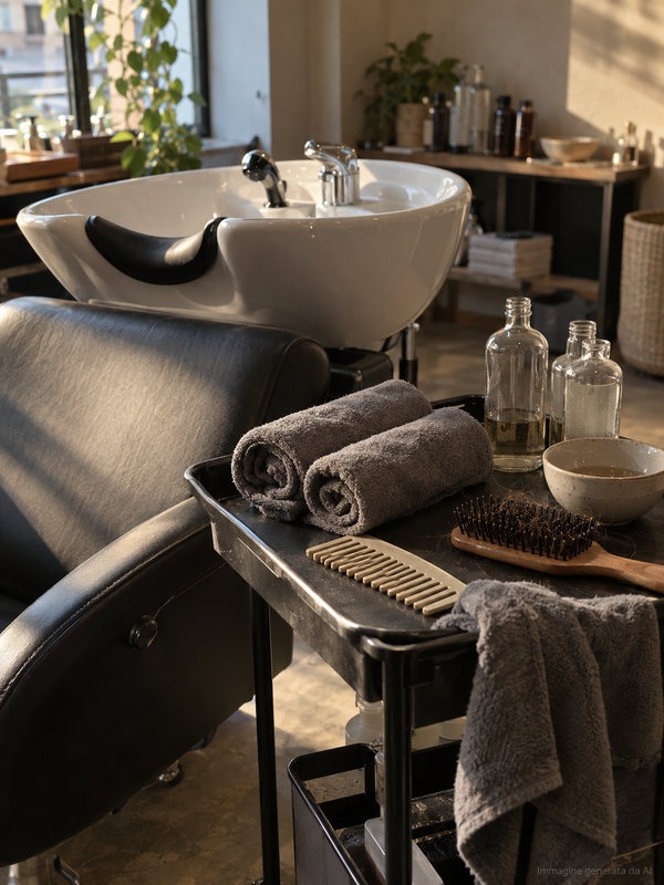 Lavatesta preparato per l'head spa con asciugamani, spazzola e prodotti per la cute