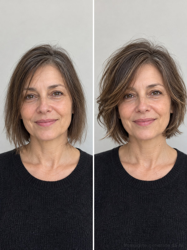 Stessa donna prima e dopo un taglio scalato che dà movimento ai capelli fini.