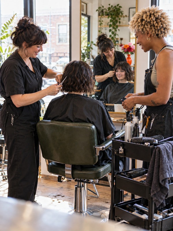 Tre professioniste lavorano insieme a un taglio e si confrontano con la cliente.