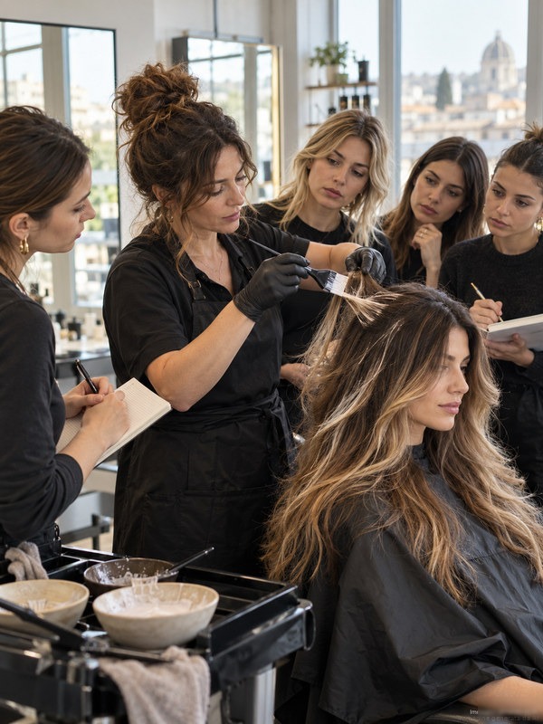 A brand educator training Italian salon stylists on a colour technique