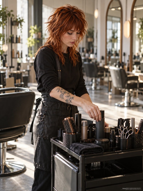 An independent stylist renting a chair, preparing her own products before the first client