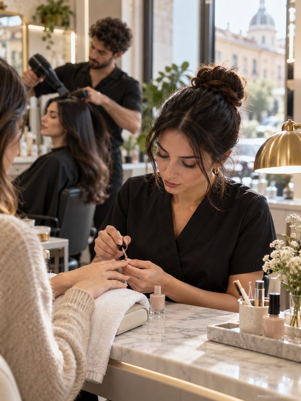 A nail technician at a dedicated station inside a hair salon, with a hairstylist working in the background