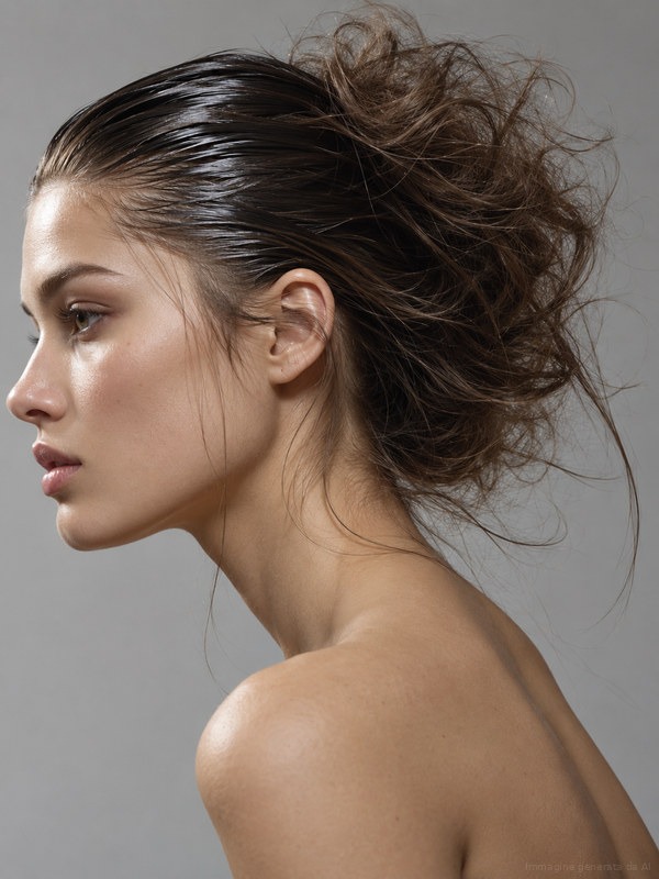 Contrast between a dry backcombed texture and a wet slicked finish