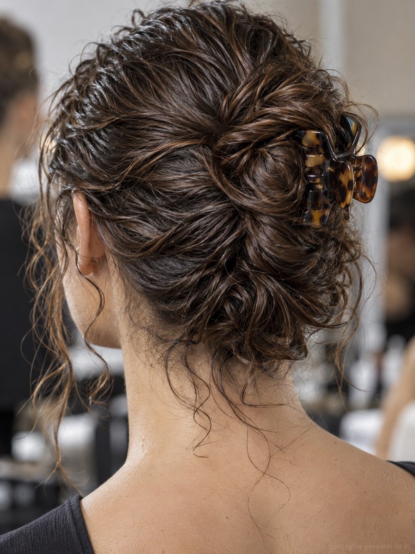 Soft chignon held with a claw clip, partial wet finish