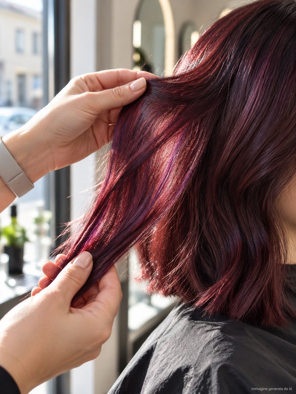 Ciocca rosso vino mostrata alla luce della finestra durante la consulenza colore