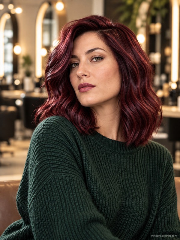 Rosso vino capelli abbinato a labbra bacca e maglione verde bosco