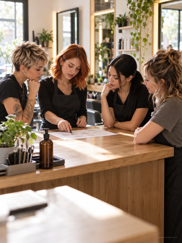 Salon team reviewing product information together before opening