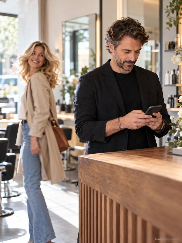 Alla reception del salone il titolare risponde alle recensioni dal telefono mentre una cliente esce con la piega fatta