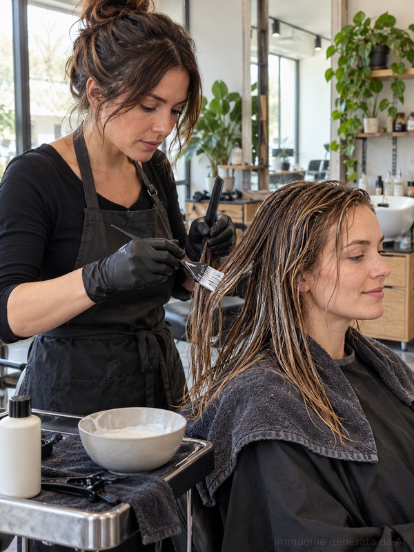 Stylist applies an unbranded repair treatment to a client's hair in an Italian salon.