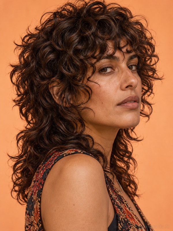 Shag riccio medio-lungo con frangia leggera, scalature visibili e punte mosse.