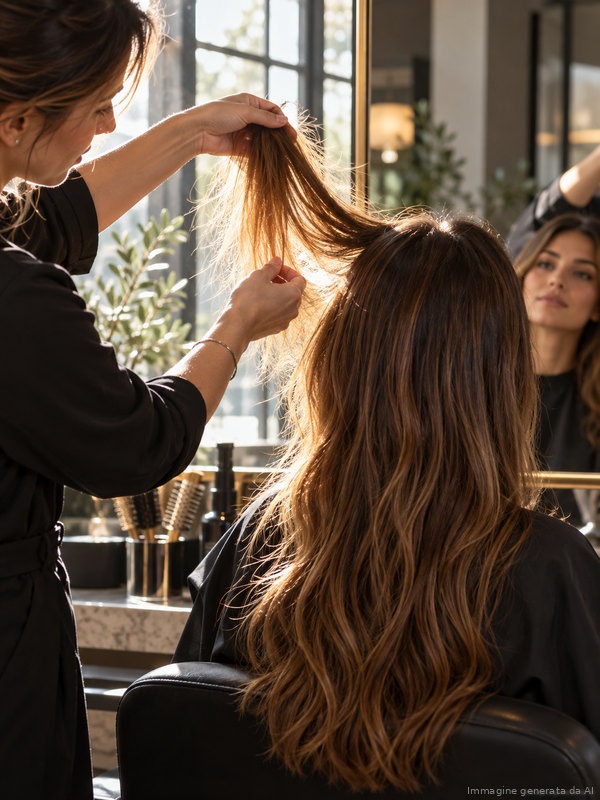 Parrucchiera controlla le punte dei capelli lunghi della cliente contro luce
