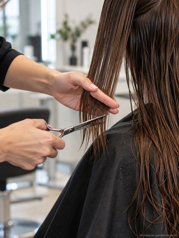 Parrucchiere taglia scalature lunghe su capelli castani per il supermodel cut