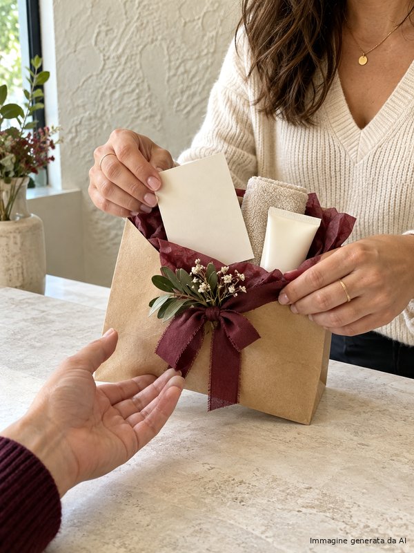 Consegna di una gift card e di un piccolo cofanetto home care, con un gesto di accoglienza personale