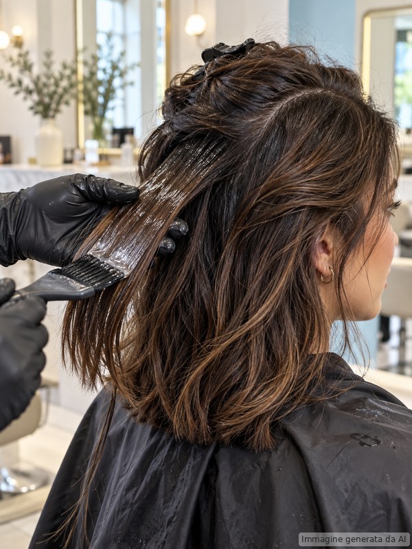 Trattamento gloss su capelli castani con riflessi morbidi e naturali