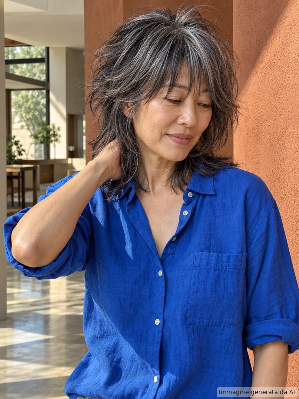 Modella asiatica di 52 anni con shag mosso sale e pepe su fondo terracotta