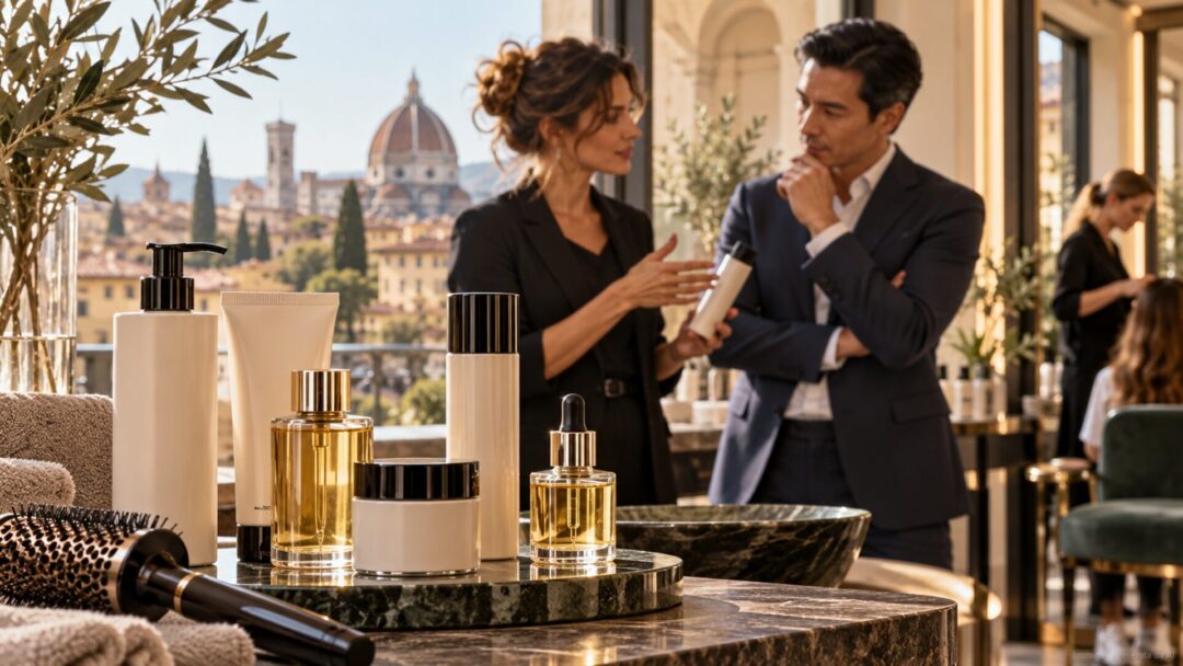 Unbranded professional haircare products in an Italian salon during a discussion between a stylist and an international distributor