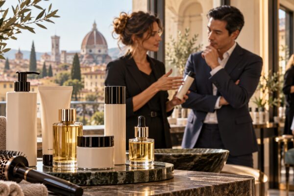 Unbranded professional haircare products in an Italian salon during a discussion between a stylist and an international distributor