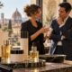 Unbranded professional haircare products in an Italian salon during a discussion between a stylist and an international distributor