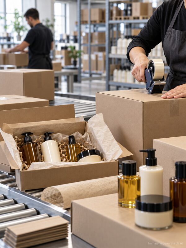 Unbranded professional haircare products being packed for international distribution