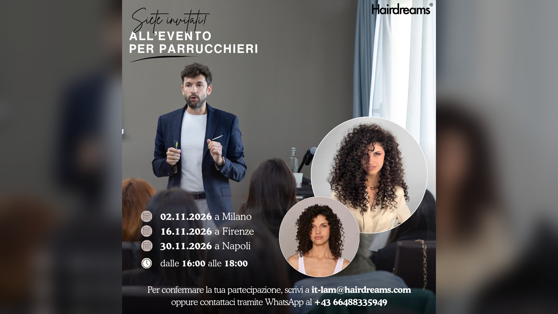 Invito Hairdreams agli incontri per parrucchieri a Milano, Firenze e Napoli nel novembre 2026