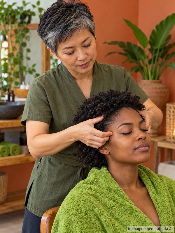 Therapist assesses a client's textured curls and scalp during a head spa consultation