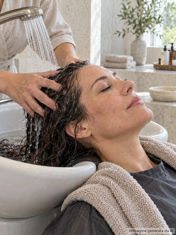 Client receives a relaxing scalp rinse at a bright head spa basin